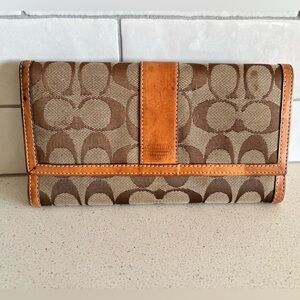 Coach Brown Monogram Signature Canvas w/ Leather Stripe Trifold Wallet Clutch